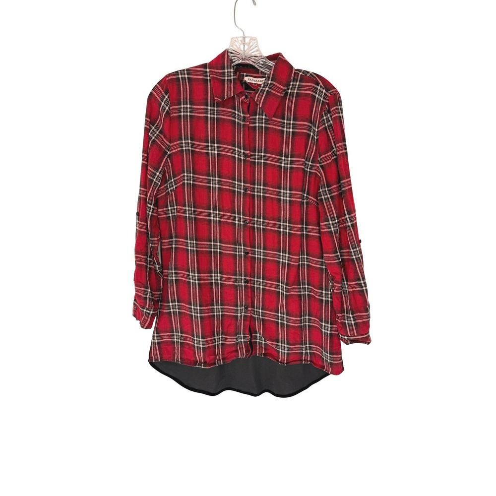 Paparazzi Button Down Shirt Women's Plaid Red Black Velvet Embroidered Small